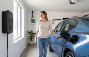 a woman charging her electric vehicle at home