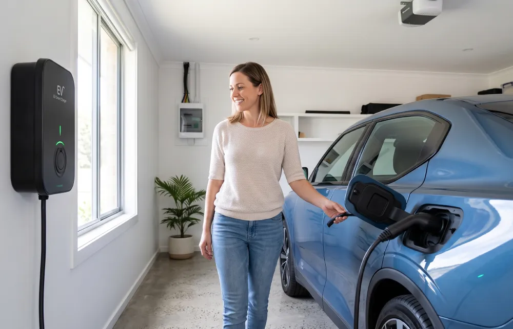 a woman charging her electric vehicle at home